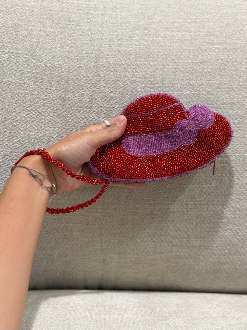 Beaded Red and Purple Hat-Shaped Crossbody Bag